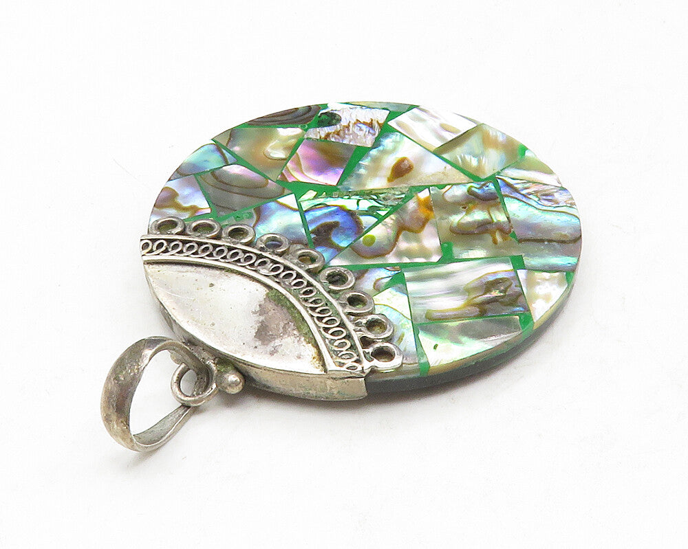 925 Sterling Silver  Vintage Abalone Shell Mosaic Round Drop Pendant  PT10246