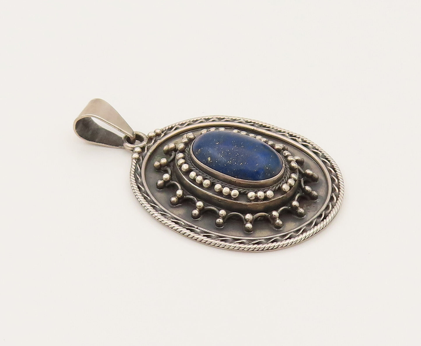 925 Sterling Silver  Vintage Beaded Star Lapis Lazuli Drop Pendant  PT21951