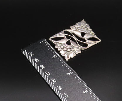 925 Silver  Vintage Antique Openwork Double Flower Rectangle Brooch Pin BP9998