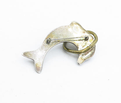 MEXICO 925 Sterling Silver  Vintage 2 Tone Leaping Dolphin Brooch Pin  BP1657