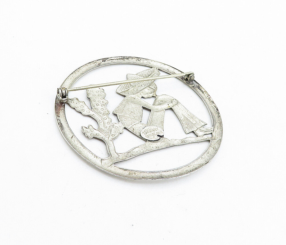 TRUART 925 Sterling Silver  Vintage Sitting Man Cactus Scene Brooch Pin BP1595