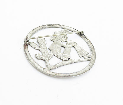 TRUART 925 Sterling Silver  Vintage Sitting Man Cactus Scene Brooch Pin BP1595