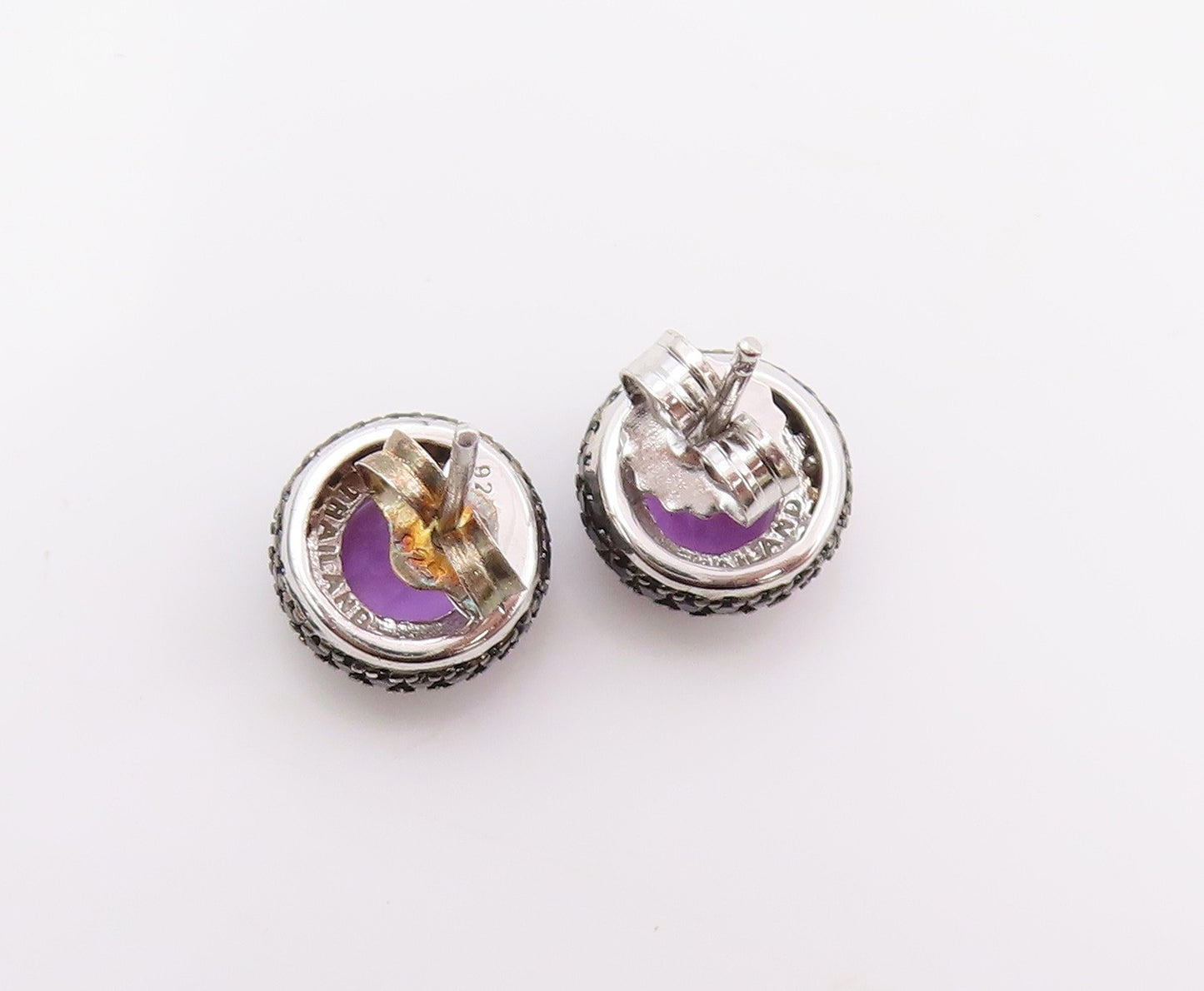 925 Sterling Silver Vintage Earrings Round Amethyst & Halo Spinel Studs  EG14146