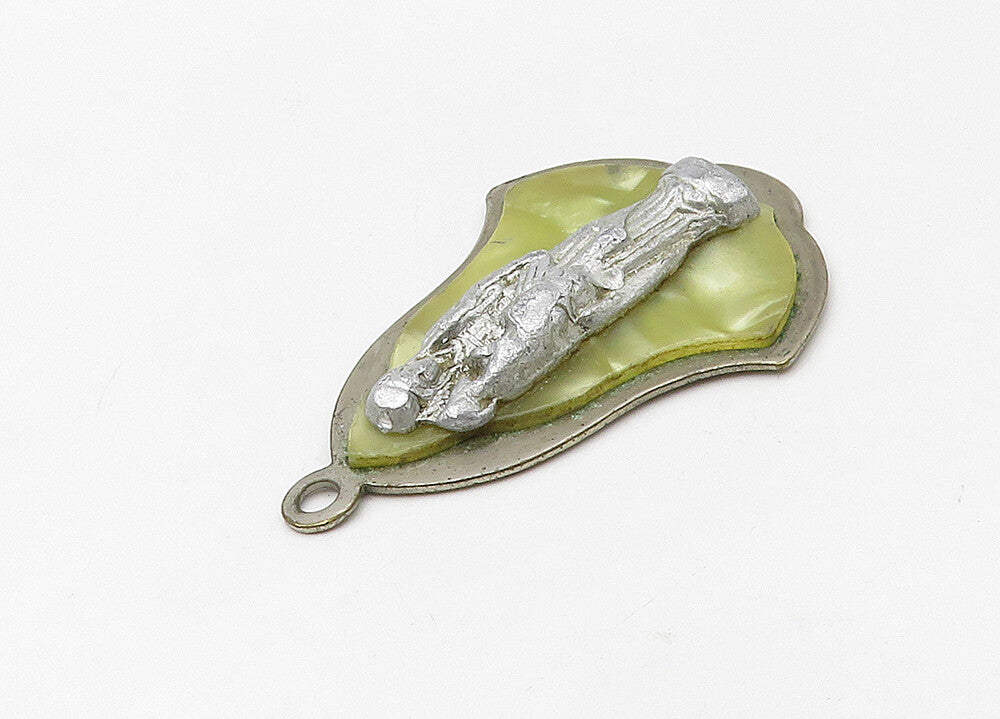 925 Sterling Silver  Vintage Green Mother Of Pearl Religious Pendant  PT17248