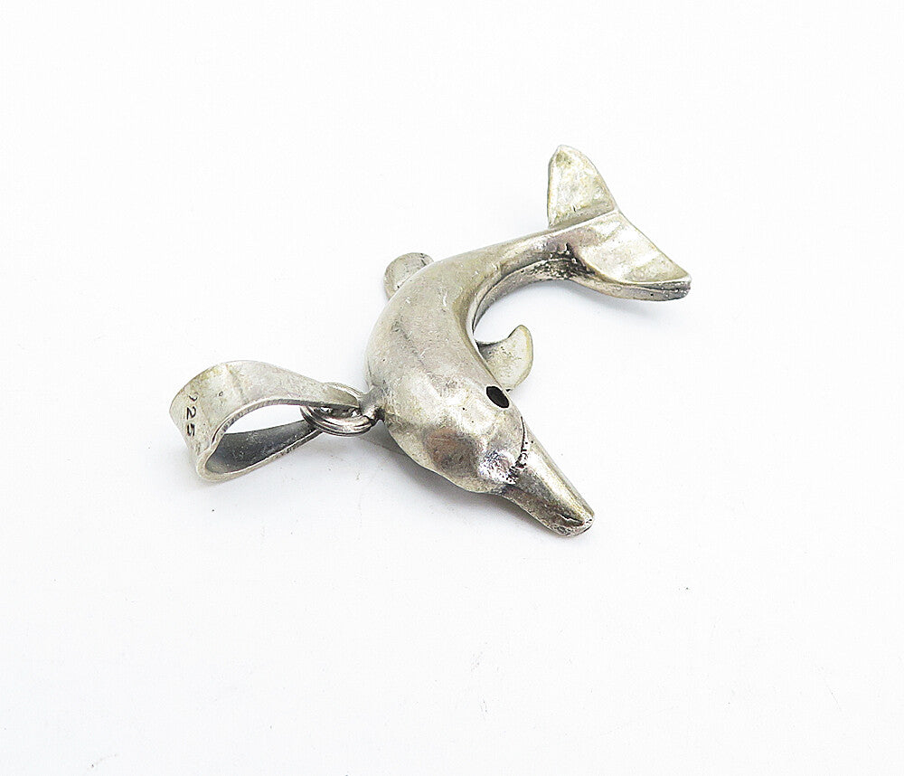 925 Sterling Silver  Vintage Dark Tone Leaping Dolphin Motif Pendant  PT3245