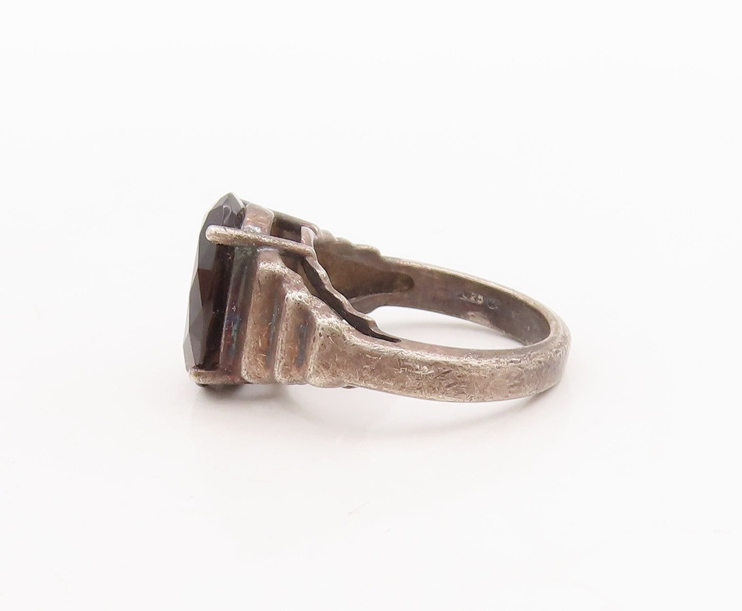 925 Sterling Silver Vintage Ring Step Carved Neck Oval Cut Onyx  Sz 7  RG28719