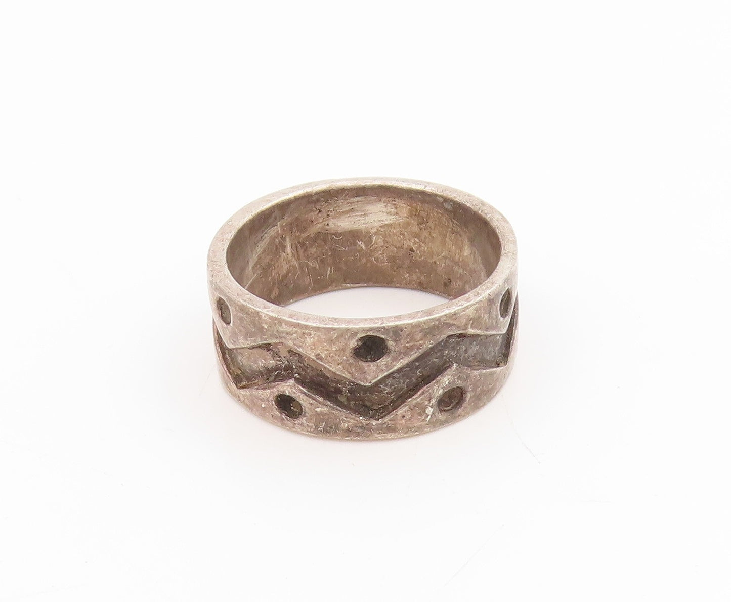 925 Sterling Silver Vintage Ring Carved Tribal Pattern Wide Band  Sz 6  RG34395
