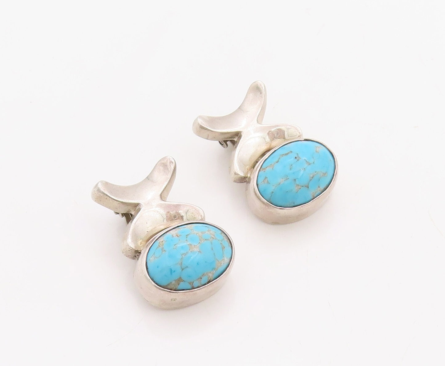 925 Sterling Silver Vintage Earrings Solid Cutout X & Oval Turquoise  EG13194