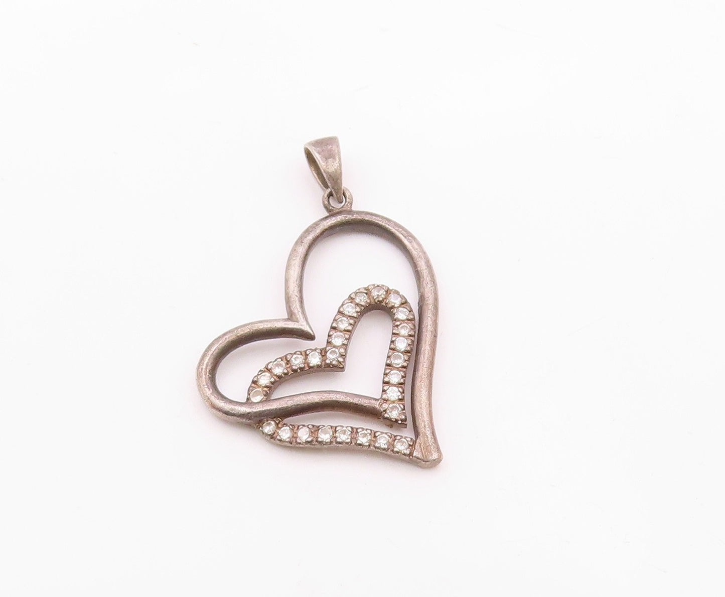 925 Sterling Silver  Vintage White Topaz Open Love Heart Pendant  PT16875