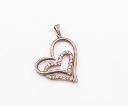 925 Sterling Silver  Vintage White Topaz Open Love Heart Pendant  PT16875