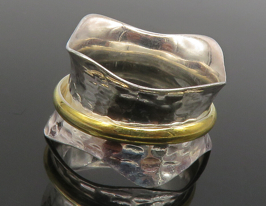 925 Sterling Silver  Vintage Shiny Two Tone Hammered Band Ring Sz 7  RG13170