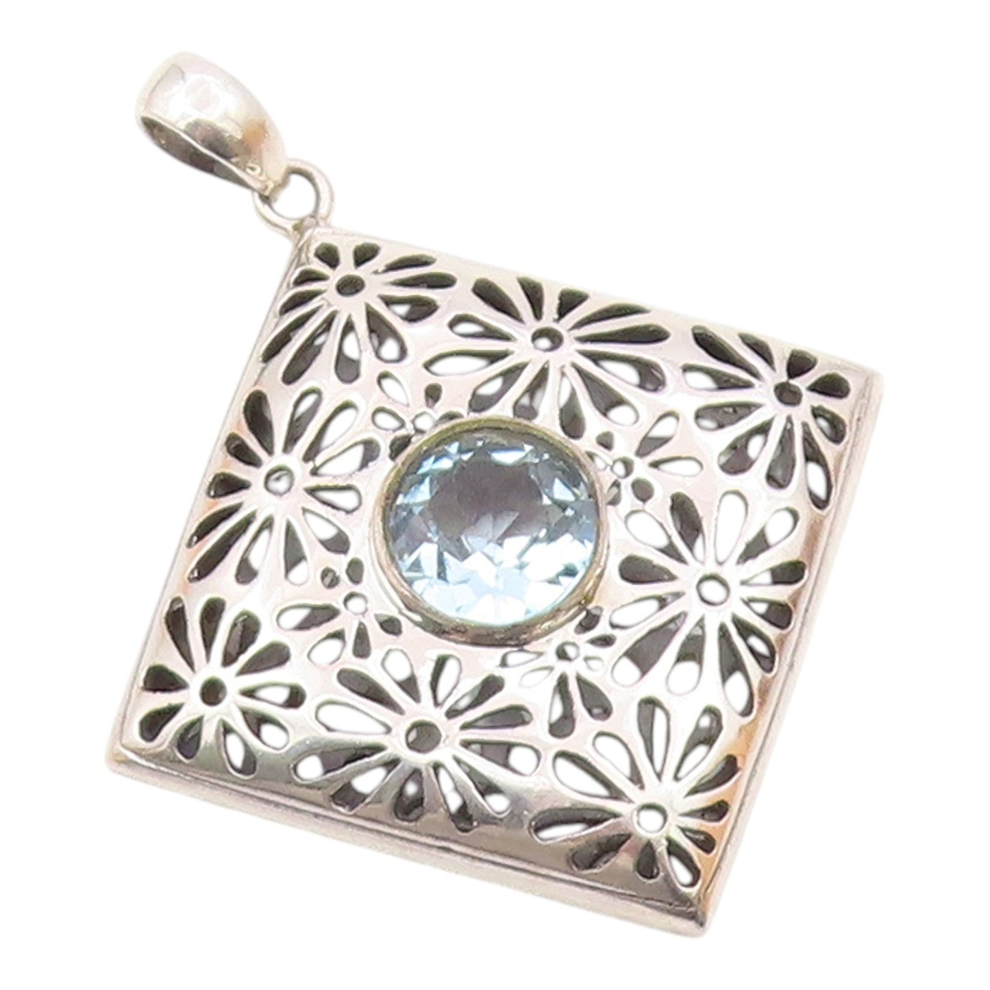 925 Silver  Vintage Floral Openwork Inlaid Blue Topaz Drop Pendant  PT21518
