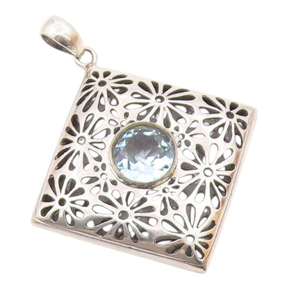 925 Silver  Vintage Floral Openwork Inlaid Blue Topaz Drop Pendant  PT21518