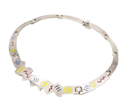 DESIGNER 925 Sterling Silver  Vintage Enamel Pattern Collar Necklace  NE3199