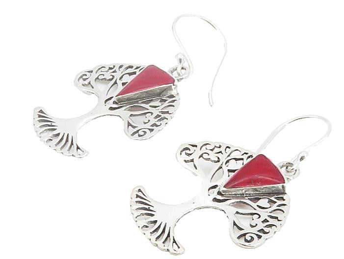 925 Sterling Silver  Red Sponge Coral Tree Of Life Love Drop Earrings  EG3015