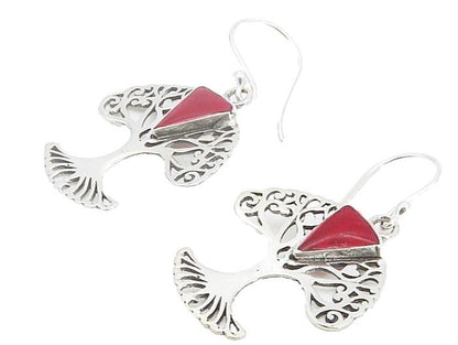 925 Sterling Silver  Red Sponge Coral Tree Of Life Love Drop Earrings  EG3015