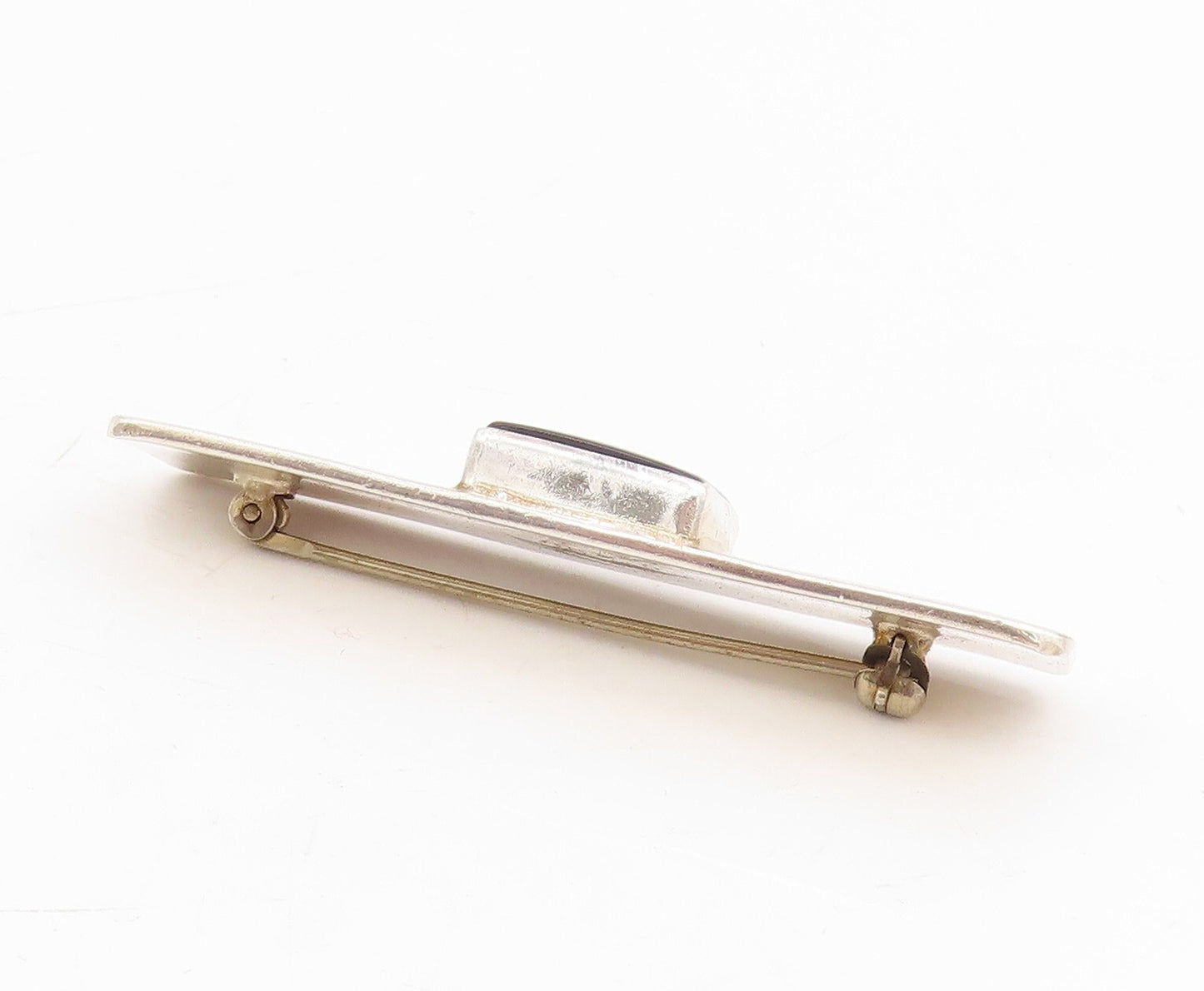 925 Sterling Silver Vintage Brooch Pin Minimalist Square Onyx Inlay  BP11465