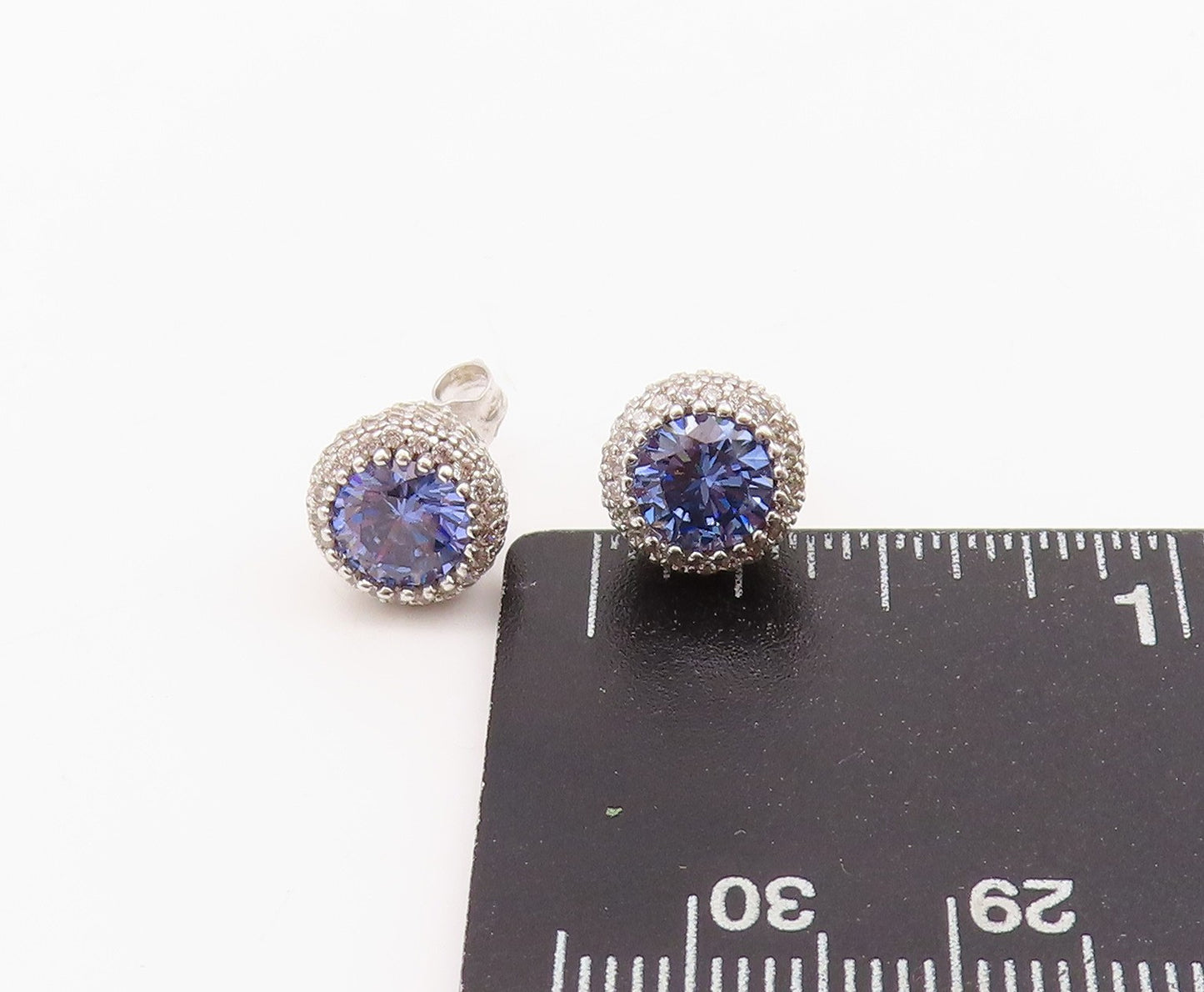 925 Sterling Silver Vintage Earrings Round Blue Halo White Topaz Studs  EG13643