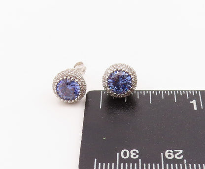 925 Sterling Silver Vintage Earrings Round Blue Halo White Topaz Studs  EG13643