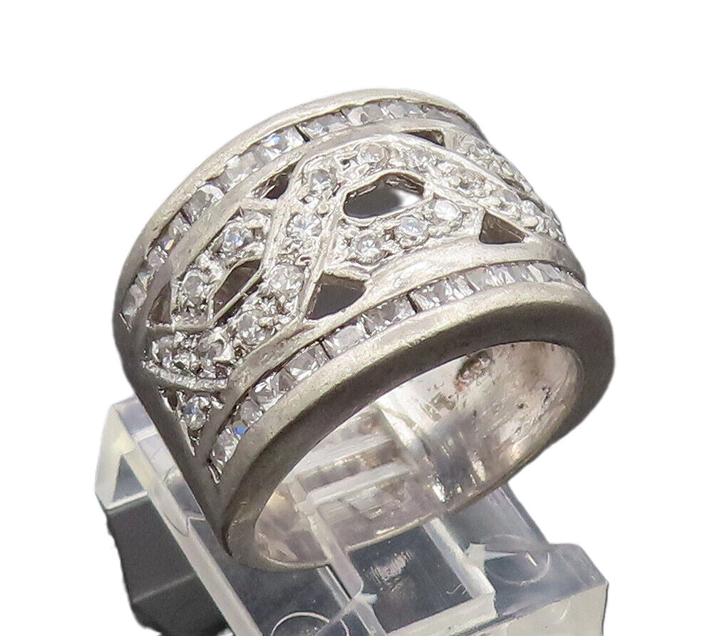 925 Sterling Silver  Vintage Carved Broad Band CZ Solid Ring Sz 6  RG26931