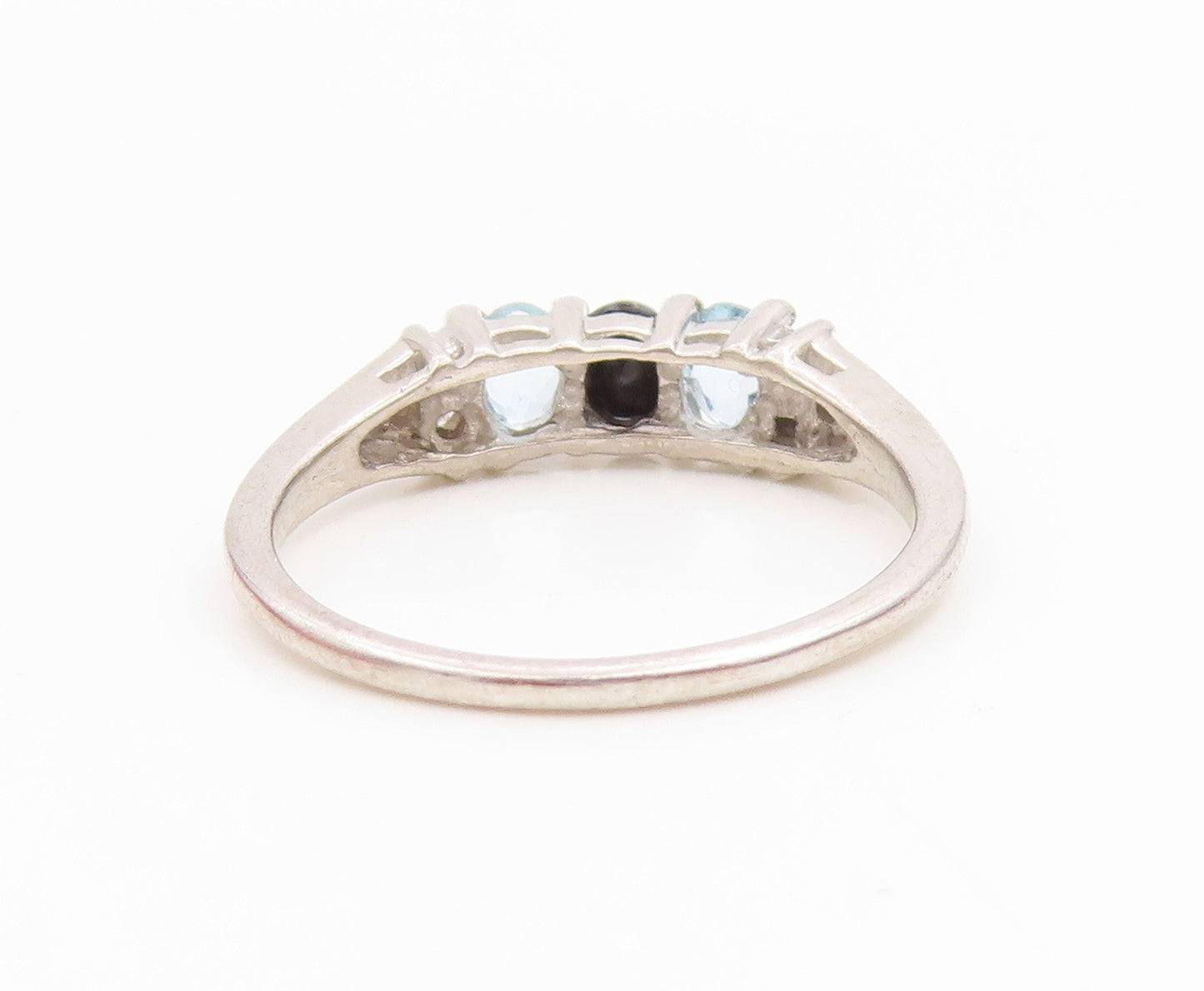 925 Sterling Silver Vintage Ring Three Stone Onyx & Blue Topaz  Sz 6.5  RG36159
