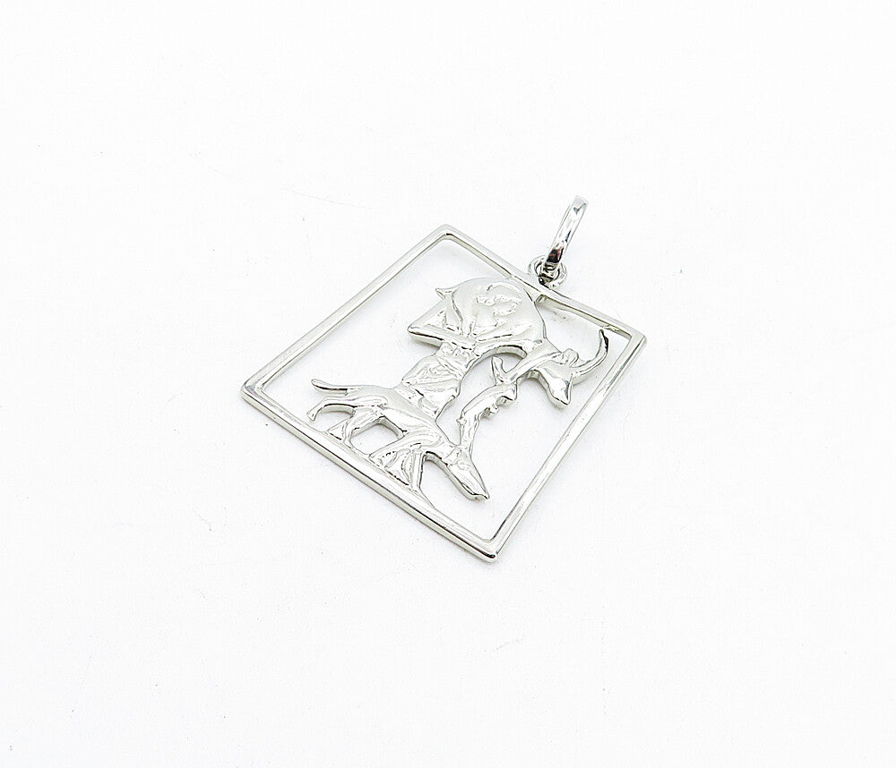 925 Sterling Silver  Vintage Shiny Man Holding Animal Square Pendant  PT3641