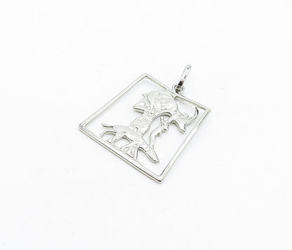 925 Sterling Silver  Vintage Shiny Man Holding Animal Square Pendant  PT3641