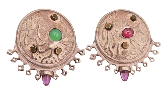 925 Silver  Vintage Designer Aqua Life Multicolor Gemstones Earrings  EG12490