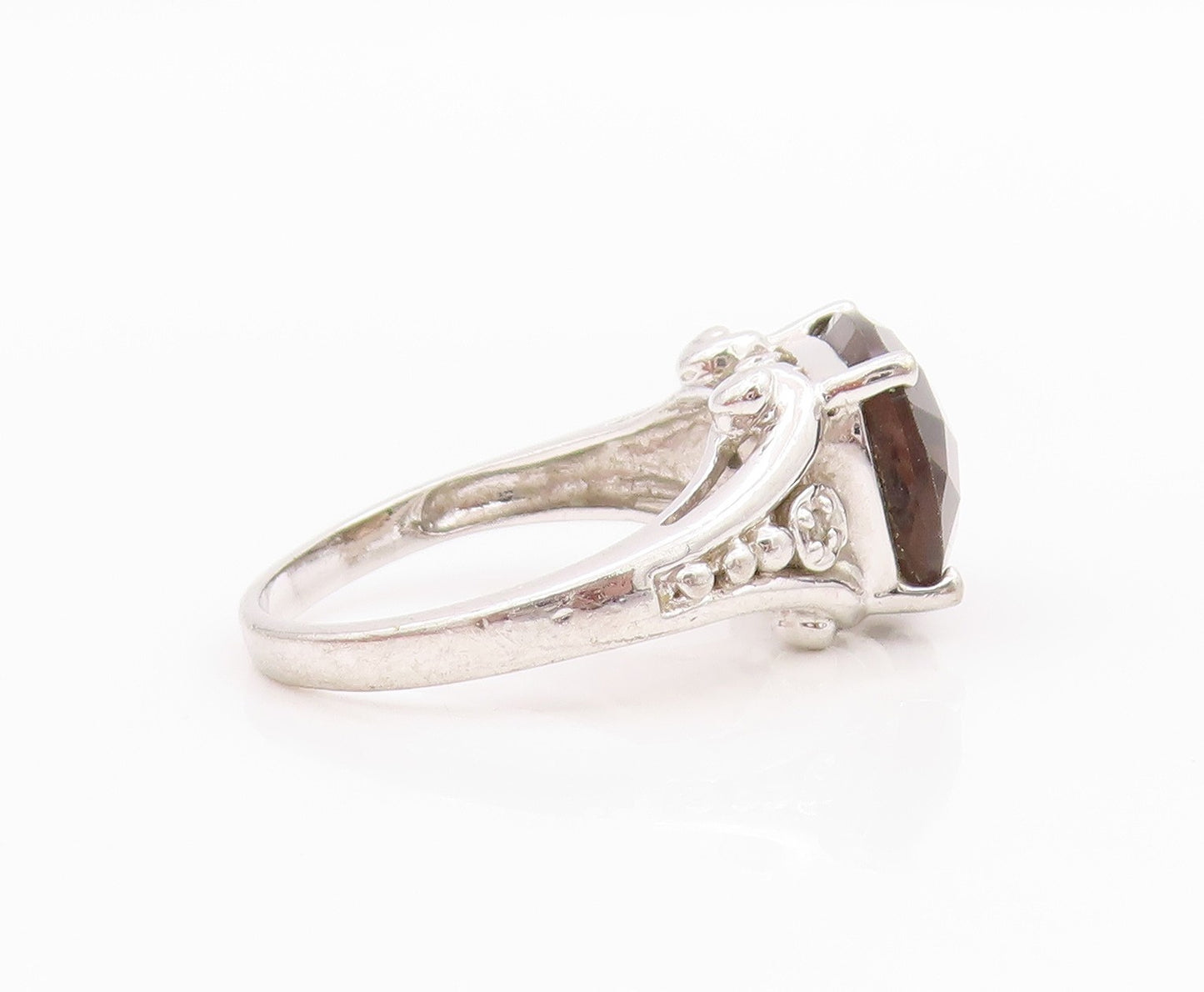925 Sterling Silver Vintage Ring Diamonds & Oval Cut Smoky Quartz  Sz 7  RG33186