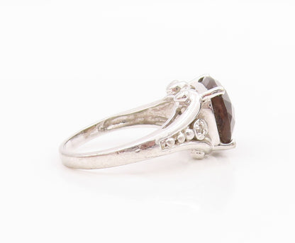925 Sterling Silver Vintage Ring Diamonds & Oval Cut Smoky Quartz  Sz 7  RG33186