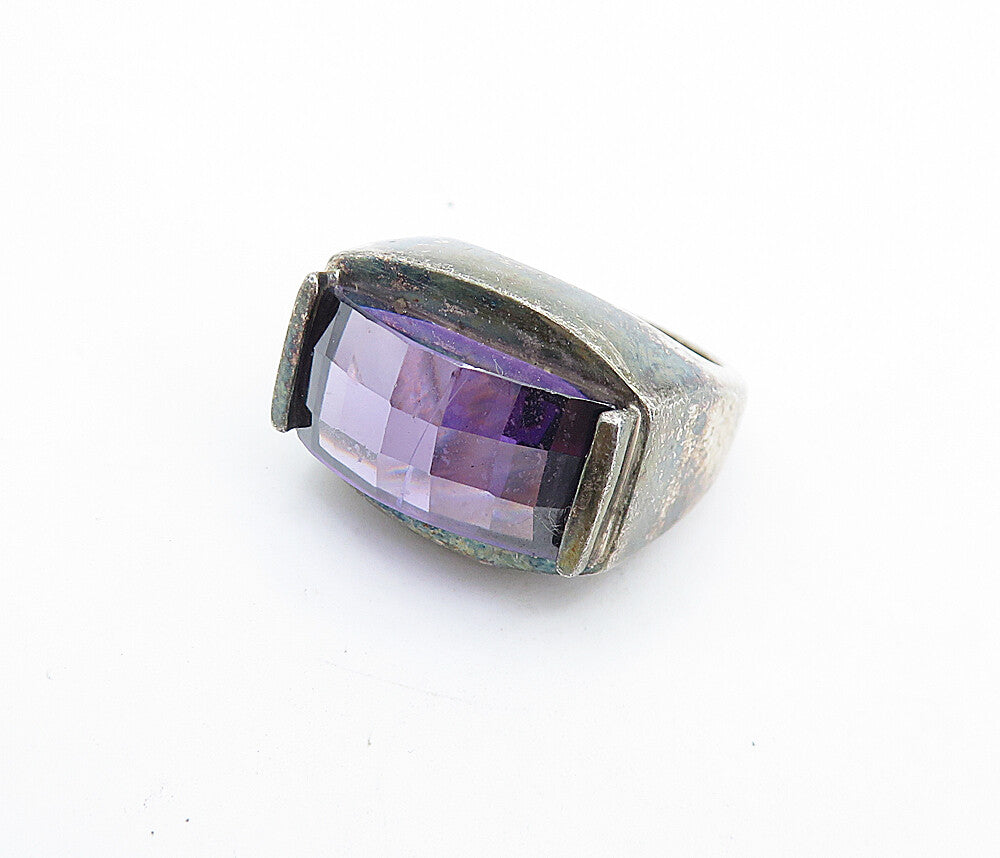 925 Sterling Silver  Vintage Faceted Amethyst Dome Cocktail Ring Sz 5  RG7643