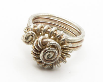 925 Sterling Silver  Vintage Twist Flower Motif Ribbed Band Ring Sz 7  RG14350