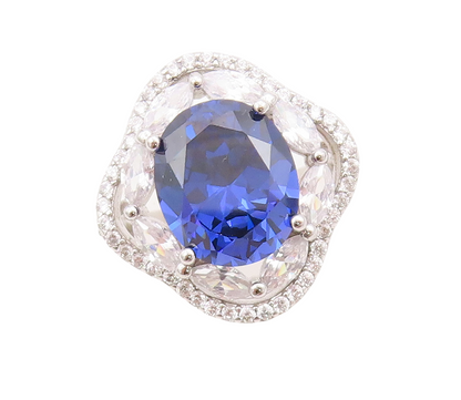925 Sterling Silver Vintage Ring Oval Sapphire & CZ Floral Inlay Sz 7.5  RG30704