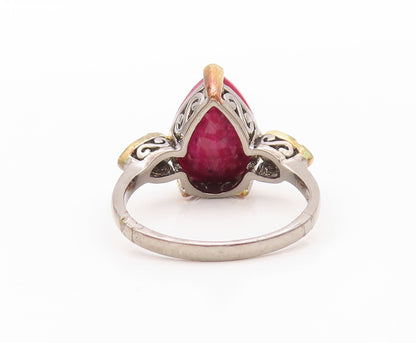 925 Sterling Silver Vintage Ring Diamonds & Drop Cut Red Gemstone  Sz 7  RG30299