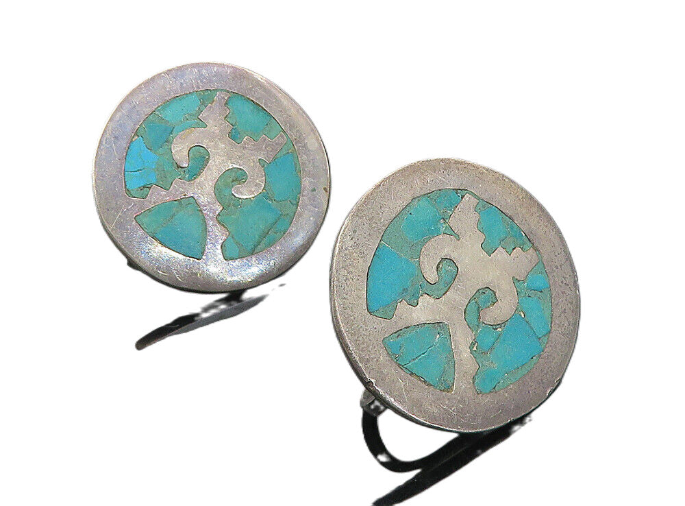 MEXICO 925 Silver  Vintage Inlaid Turquoise Non Pierce Drop Earrings  EG4302