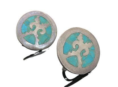 MEXICO 925 Silver  Vintage Inlaid Turquoise Non Pierce Drop Earrings  EG4302