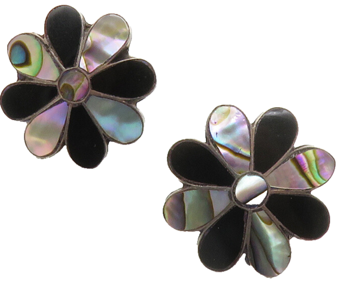MEXICO 925 Silver  Vintage Black Onyx & Abalone Non Pierce Earrings  EG6812