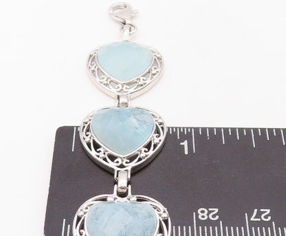 925 Sterling Silver Vintage Bracelet Heart Shape Aquamarine Swirly Cut  BT10710