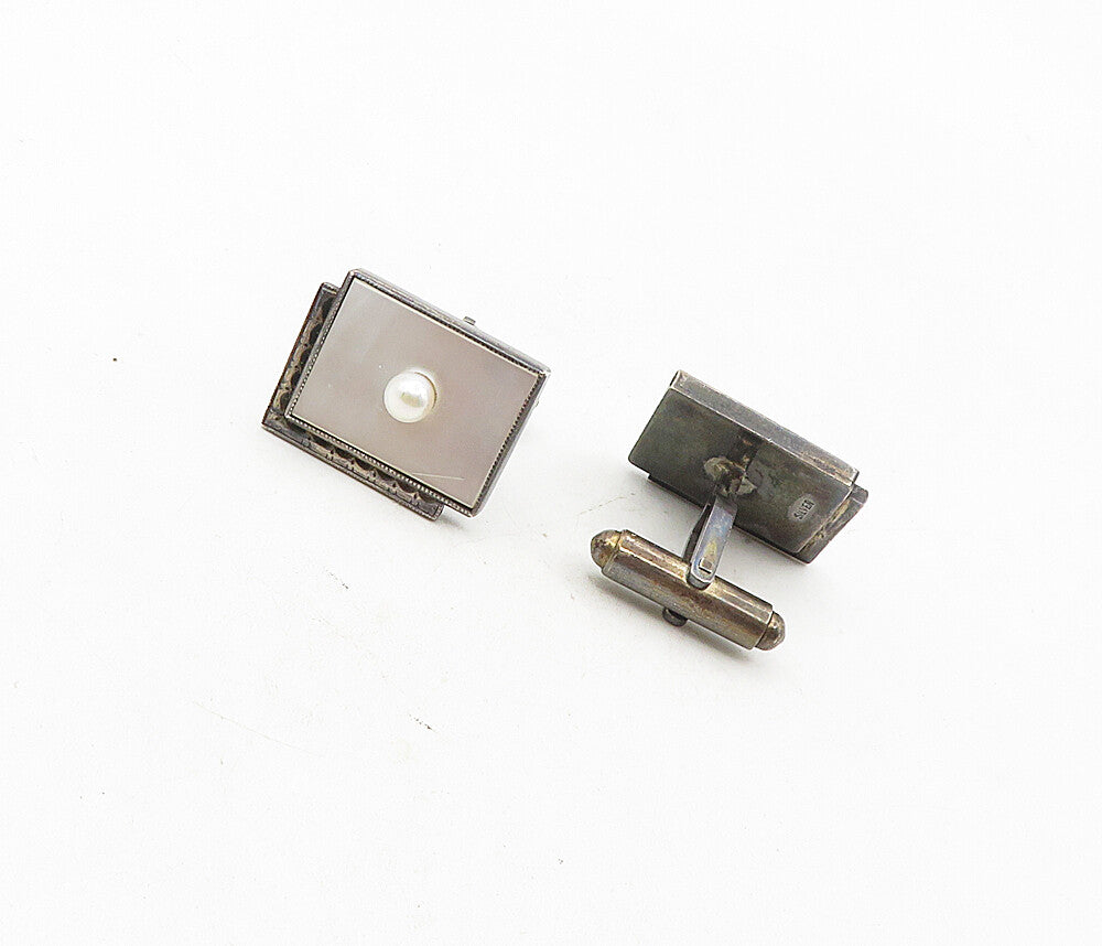 925 Sterling Silver  Vintage Mother Of Pearl & Pearl Square Cuff Links  TR1551