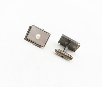 925 Sterling Silver  Vintage Mother Of Pearl & Pearl Square Cuff Links  TR1551