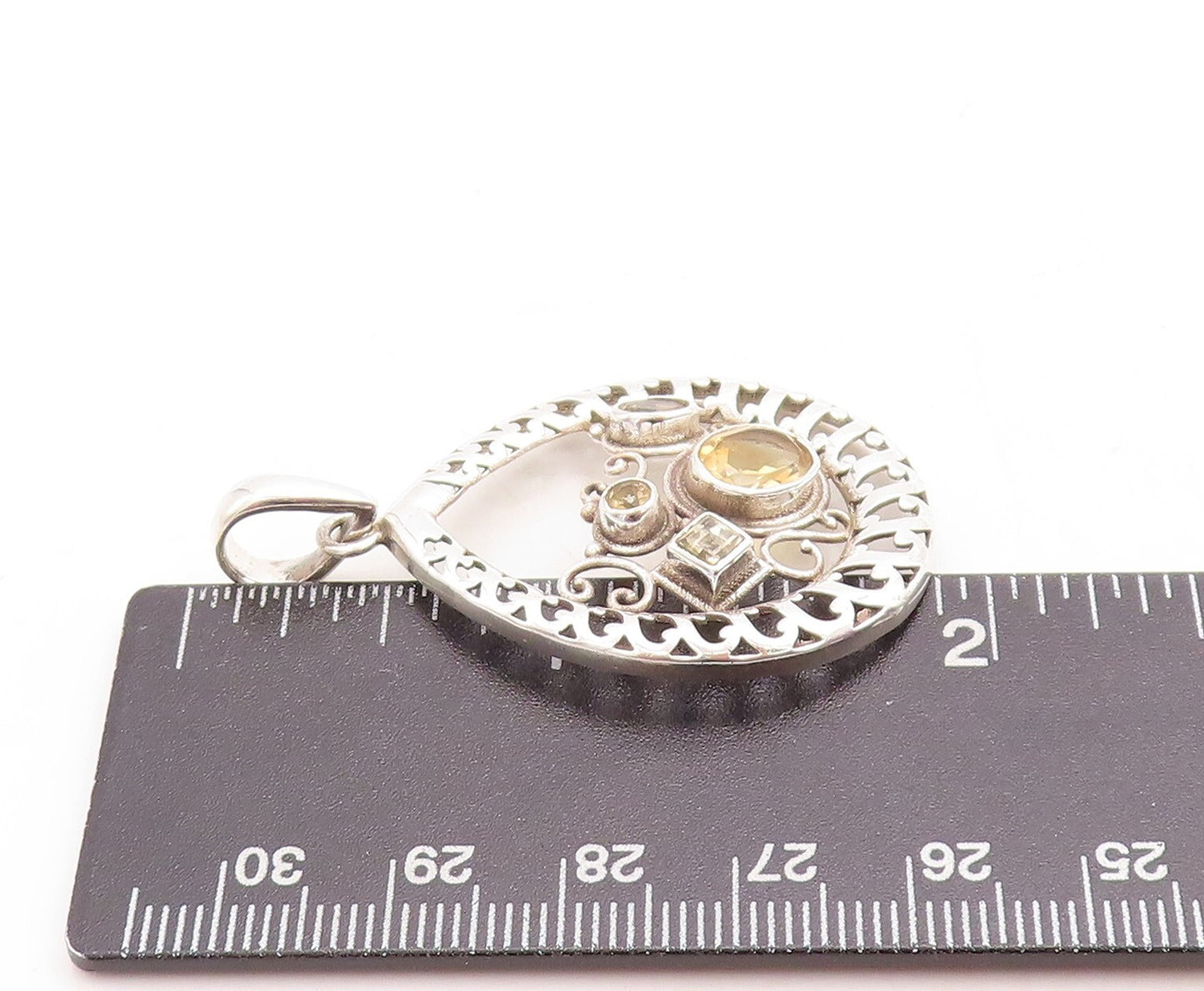 925 Sterling Silver Vintage Pendant Designer Swirly Cutout Citrine Inlay PT23760