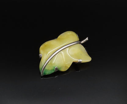 MEXICO 925 Sterling Silver Vintage Unique Yellow Jade Leaf Brooch Pin BP9891