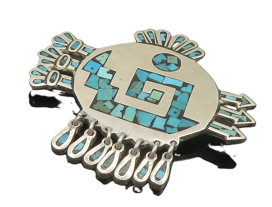 MEXICO 925 Sterling Silver  Vintage Turquoise Mosaic Pattern Brooch Pin BP5343