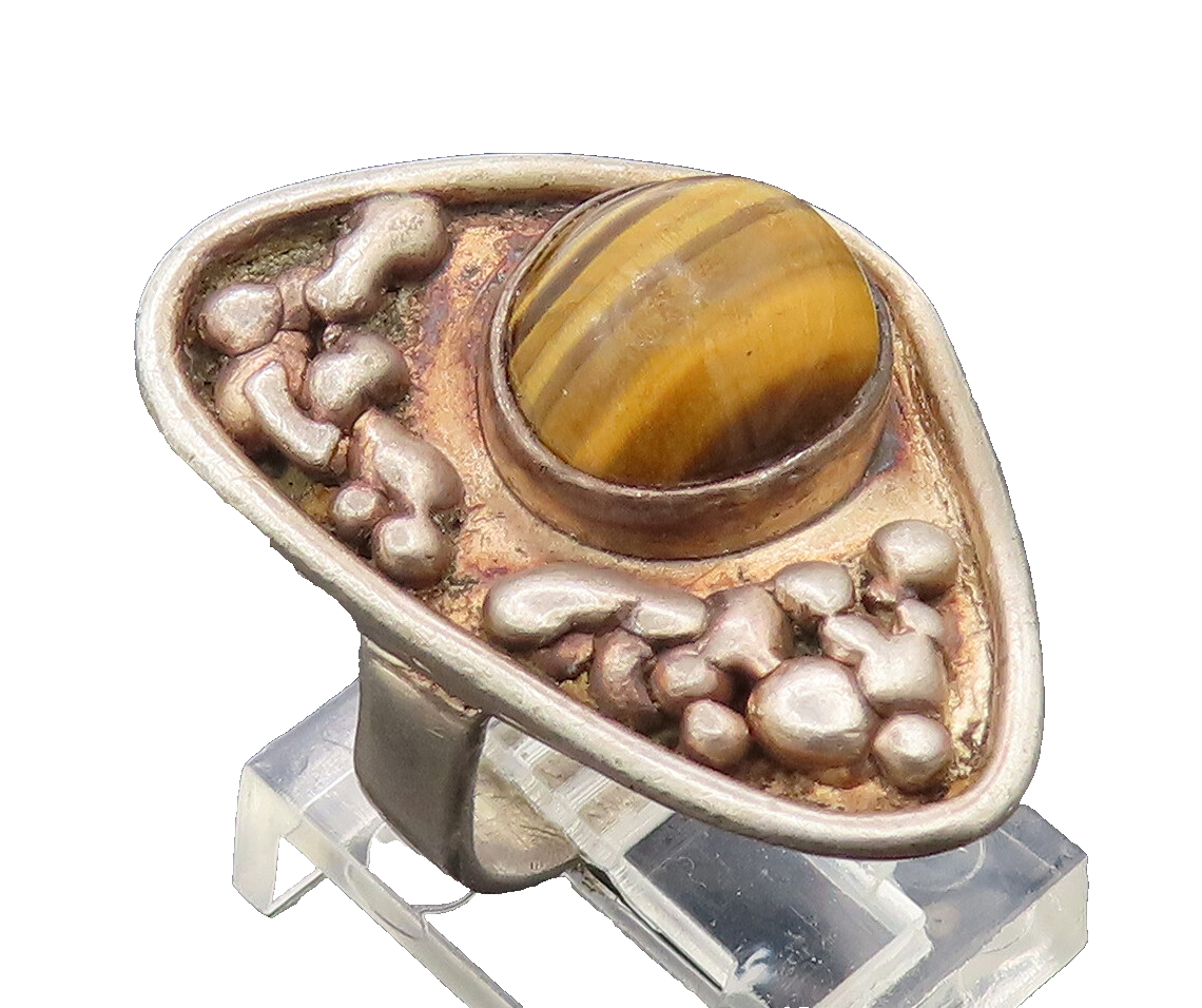 925 Sterling Silver  Vintage Beaded Tiger's Eye Triangle Ring Sz 5.5  RG27388