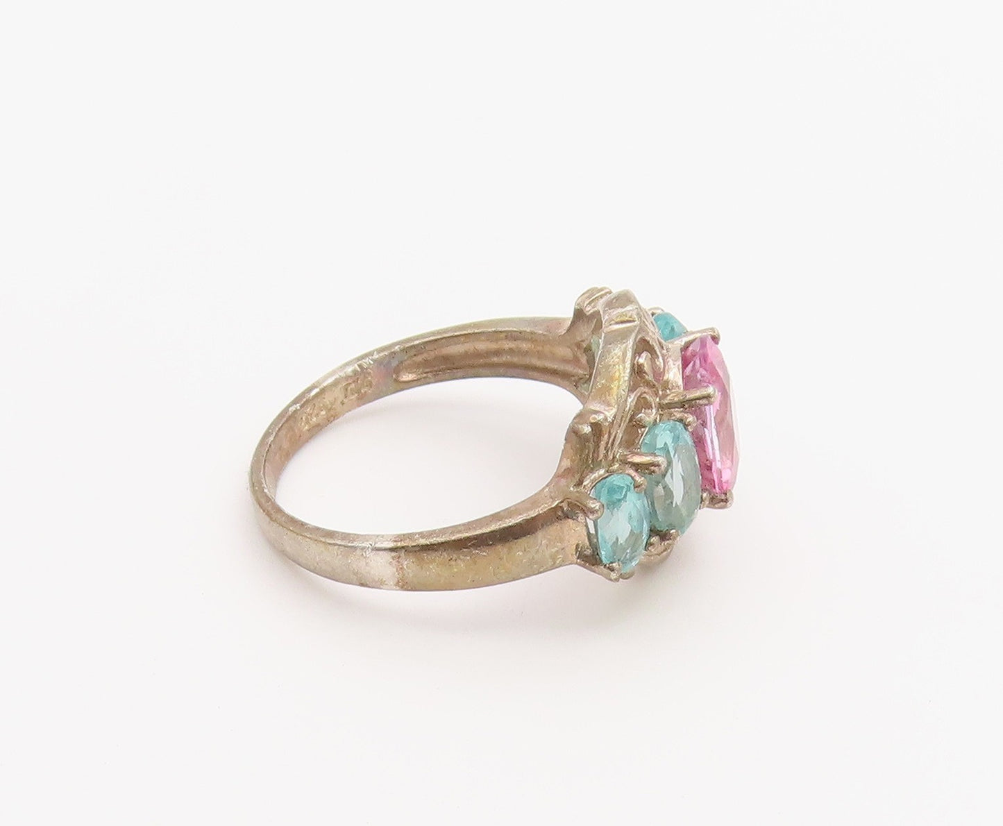 925 Sterling Silver Vintage Ring Aquamarine & Pink Topaz Band  Sz 6  RG36874