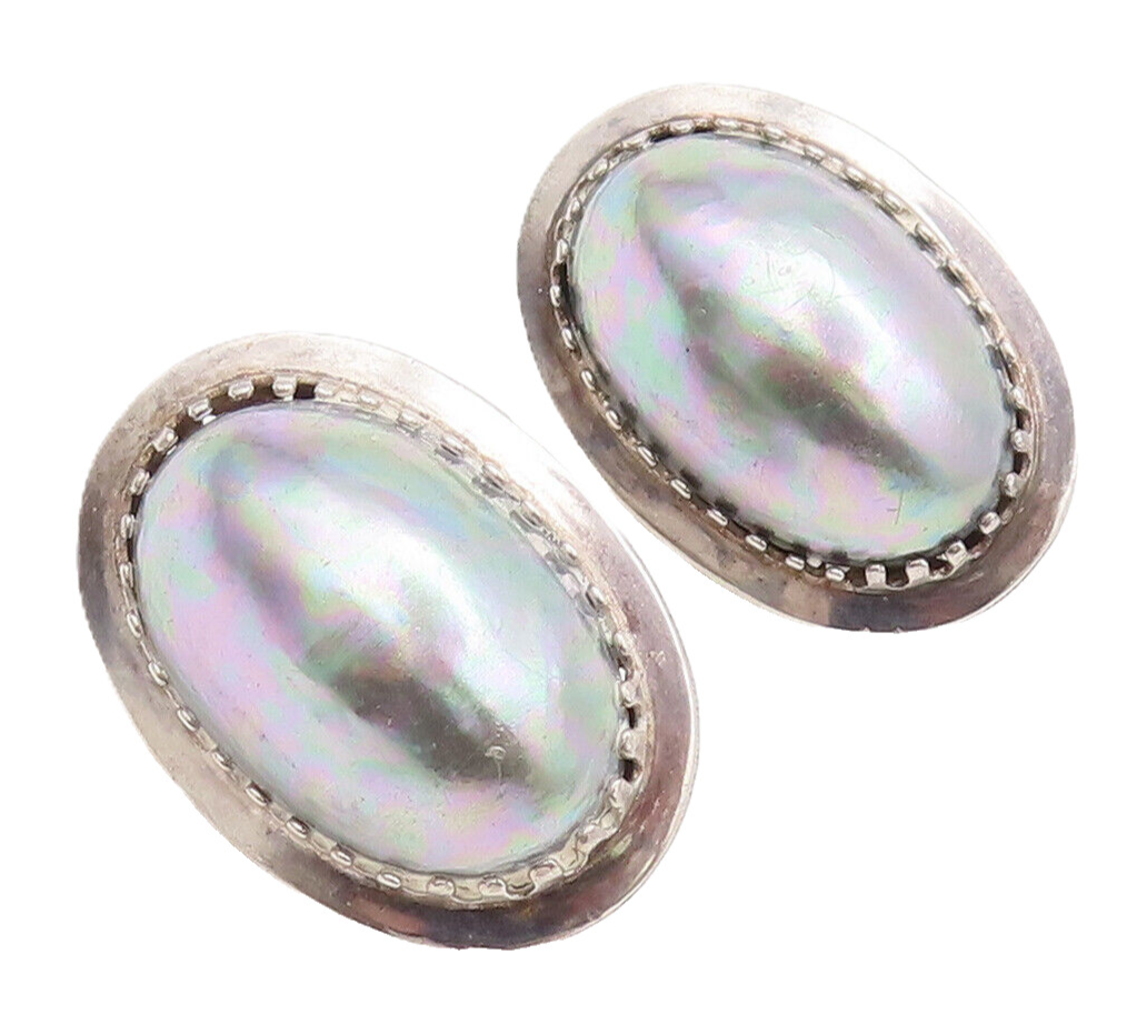 POLAND 925 Sterling Silver  Vintage Solid Large Oval Pearl Earrings  EG12778