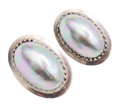 POLAND 925 Sterling Silver  Vintage Solid Large Oval Pearl Earrings  EG12778