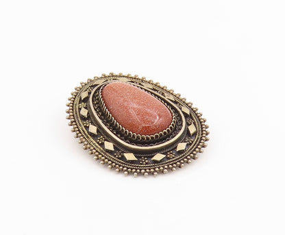 925 Sterling Silver Vintage Brooch ISRAEL Cabochon Goldstone Wirework  BP11962