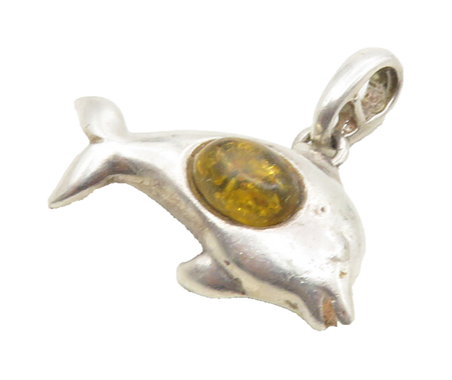 925 Sterling Silver  Vintage Cabochon Cut Amber Dolphin Motif Pendant  PT7721