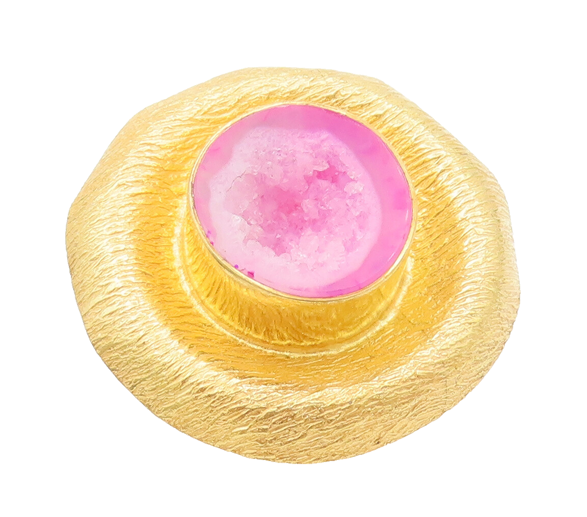 925 Sterling Silver Vintage Ring Gold Plated Pink Druzy Stone Sz 8  RG27983